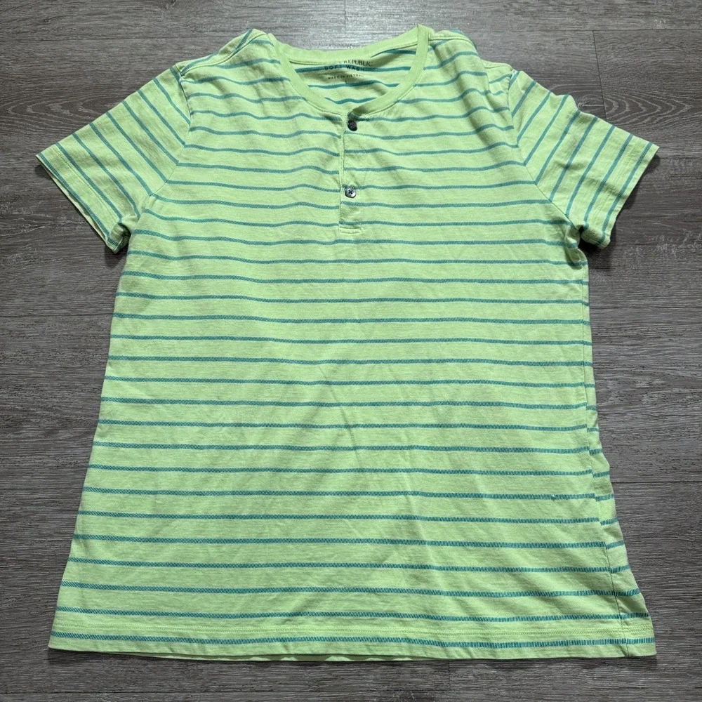 Banana Republic Shirt Mens Large Green Blue Henley Stripe Soft Wash Casual Adult